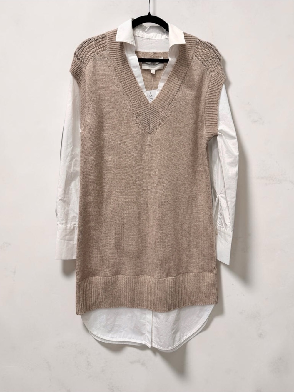 Brochu Walker Wool Cashmere Layered Sweater Shirt Dress Beige Small NWT $428
